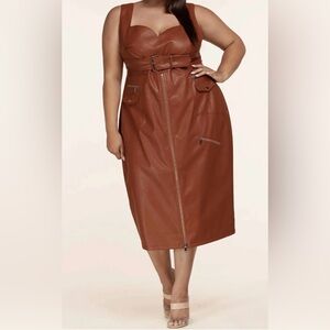 L'ATISTE Faux Brown Leather Body Con Zip Up Midi Dress Size XL